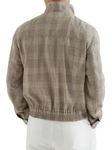 Brunello Cucinelli Men's Wool, Silk and Linen Tartan Outerwear Jacket with Stand Collar - Light Grey | Thumbnail 3 Brunello Cucinelli Men's Wool, Silk and Linen Tartan Outerwear Jacket with Stand Collar - Light Grey | Thumbnail 3