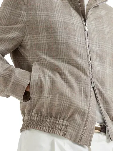 Brunello Cucinelli Men's Wool, Silk and Linen Tartan Outerwear Jacket with Stand Collar - Light Grey | Thumbnail 4 Brunello Cucinelli Men's Wool, Silk and Linen Tartan Outerwear Jacket with Stand Collar - Light Grey | Thumbnail 4