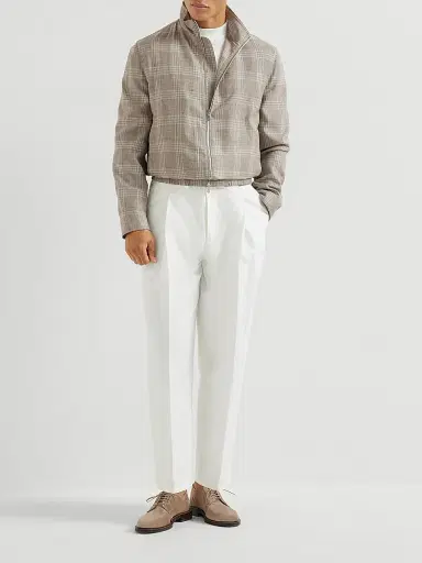Brunello Cucinelli Men's Wool, Silk and Linen Tartan Outerwear Jacket with Stand Collar - Light Grey | Thumbnail 6 Brunello Cucinelli Men's Wool, Silk and Linen Tartan Outerwear Jacket with Stand Collar - Light Grey | Thumbnail 6
