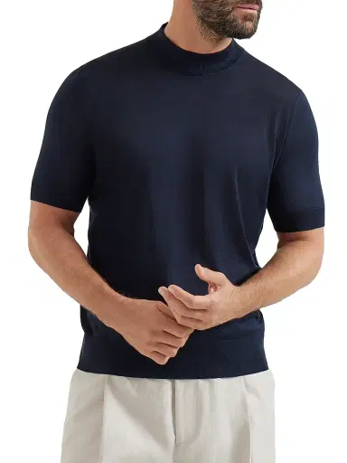 Brunello Cucinelli Men's Lightweight Silk and Cotton Knit T-Shirt with Mock Neck | Thumbnail 2 Brunello Cucinelli Men's Lightweight Silk and Cotton Knit T-Shirt with Mock Neck | Thumbnail 2