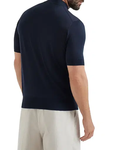 Brunello Cucinelli Men's Lightweight Silk and Cotton Knit T-Shirt with Mock Neck | Thumbnail 3 Brunello Cucinelli Men's Lightweight Silk and Cotton Knit T-Shirt with Mock Neck | Thumbnail 3