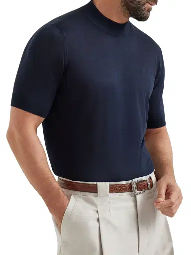 Brunello Cucinelli Men's Lightweight Silk and Cotton Knit T-Shirt with Mock Neck | Thumbnail 5 Brunello Cucinelli Men's Lightweight Silk and Cotton Knit T-Shirt with Mock Neck | Thumbnail 5