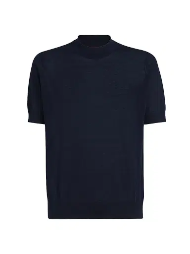 Brunello Cucinelli Men's Lightweight Silk and Cotton Knit T-Shirt with Mock Neck | Thumbnail 1 Brunello Cucinelli Men's Lightweight Silk and Cotton Knit T-Shirt with Mock Neck | Thumbnail 1