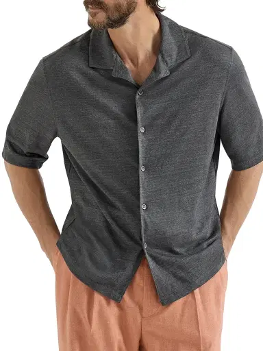 Brunello Cucinelli Men's Linen and Cotton Mélange Jersey Short Sleeve Shirt with Camp Collar | Thumbnail 2 Brunello Cucinelli Men's Linen and Cotton Mélange Jersey Short Sleeve Shirt with Camp Collar | Thumbnail 2