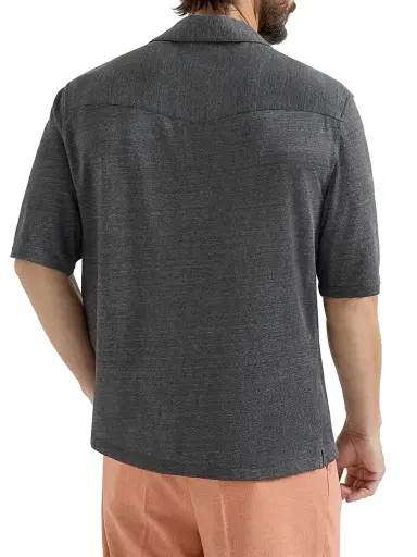 Brunello Cucinelli Men's Linen and Cotton Mélange Jersey Short Sleeve Shirt with Camp Collar | Thumbnail 3 Brunello Cucinelli Men's Linen and Cotton Mélange Jersey Short Sleeve Shirt with Camp Collar | Thumbnail 3