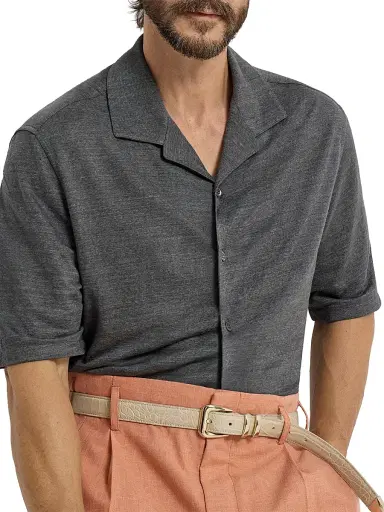 Brunello Cucinelli Men's Linen and Cotton Mélange Jersey Short Sleeve Shirt with Camp Collar | Thumbnail 5 Brunello Cucinelli Men's Linen and Cotton Mélange Jersey Short Sleeve Shirt with Camp Collar | Thumbnail 5