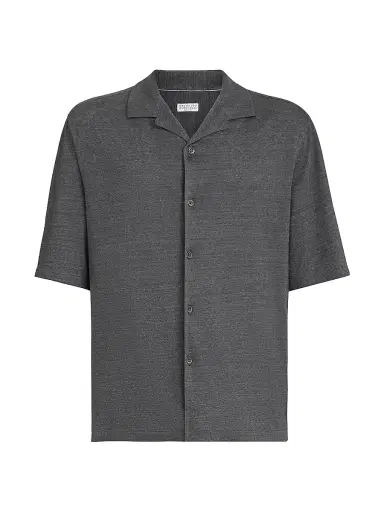 Brunello Cucinelli Men's Linen and Cotton Mélange Jersey Short Sleeve Shirt with Camp Collar | Thumbnail 1 Brunello Cucinelli Men's Linen and Cotton Mélange Jersey Short Sleeve Shirt with Camp Collar | Thumbnail 1