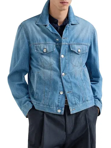 Brunello Cucinelli Men's Lightweight Old Denim Four Pocket Jacket | Thumbnail 2 Brunello Cucinelli Men's Lightweight Old Denim Four Pocket Jacket | Thumbnail 2