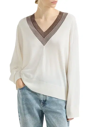 Brunello Cucinelli Women's Cashmere and Silk Lightweight Sweater - White | Thumbnail 2 Brunello Cucinelli Women's Cashmere and Silk Lightweight Sweater - White | Thumbnail 2