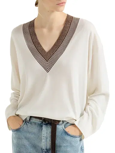 Brunello Cucinelli Women's Cashmere and Silk Lightweight Sweater - White | Thumbnail 5 Brunello Cucinelli Women's Cashmere and Silk Lightweight Sweater - White | Thumbnail 5