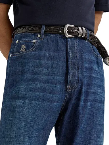 Brunello Cucinelli Men's Lightweight Old Denim Iconic Fit Five Pocket Jeans | Thumbnail 4 Brunello Cucinelli Men's Lightweight Old Denim Iconic Fit Five Pocket Jeans | Thumbnail 4