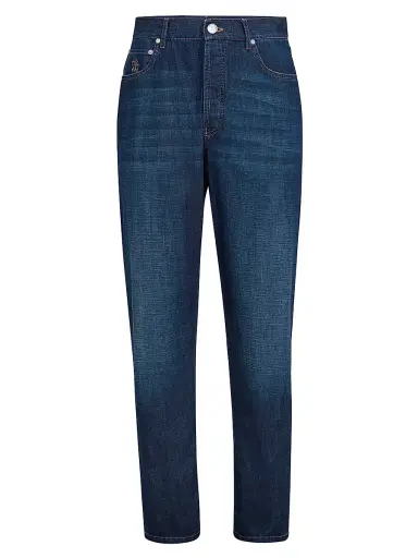 Brunello Cucinelli Men's Lightweight Old Denim Iconic Fit Five Pocket Jeans | Thumbnail 1 Brunello Cucinelli Men's Lightweight Old Denim Iconic Fit Five Pocket Jeans | Thumbnail 1