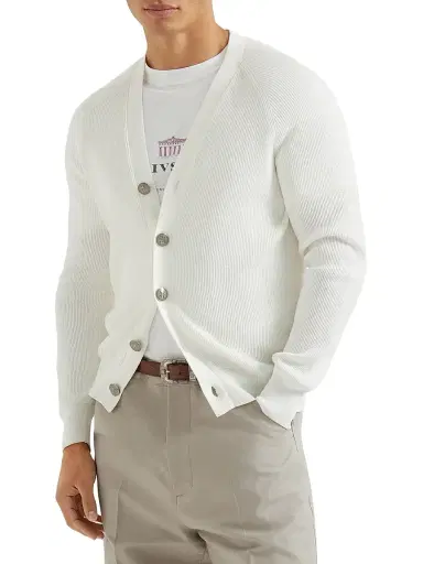 Brunello Cucinelli Men's Cotton English Rib Cardigan with Raglan Sleeves | Thumbnail 2 Brunello Cucinelli Men's Cotton English Rib Cardigan with Raglan Sleeves | Thumbnail 2
