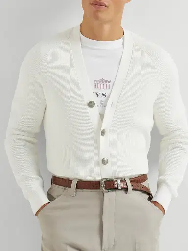 Brunello Cucinelli Men's Cotton English Rib Cardigan with Raglan Sleeves | Thumbnail 5 Brunello Cucinelli Men's Cotton English Rib Cardigan with Raglan Sleeves | Thumbnail 5