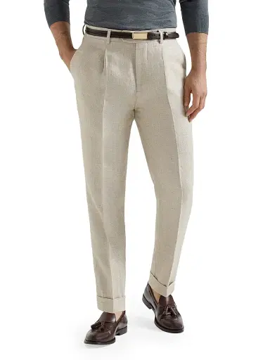 Brunello Cucinelli Men's Silk, Linen and Wool Hopsack Pleated Trousers - Sand | Thumbnail 2 Brunello Cucinelli Men's Silk, Linen and Wool Hopsack Pleated Trousers - Sand | Thumbnail 2