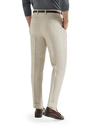 Brunello Cucinelli Men's Silk, Linen and Wool Hopsack Pleated Trousers - Sand | Thumbnail 3 Brunello Cucinelli Men's Silk, Linen and Wool Hopsack Pleated Trousers - Sand | Thumbnail 3