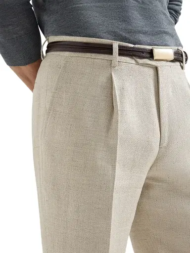 Brunello Cucinelli Men's Silk, Linen and Wool Hopsack Pleated Trousers - Sand | Thumbnail 4 Brunello Cucinelli Men's Silk, Linen and Wool Hopsack Pleated Trousers - Sand | Thumbnail 4