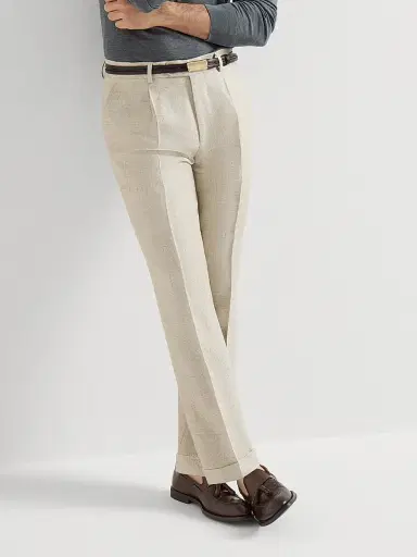 Brunello Cucinelli Men's Silk, Linen and Wool Hopsack Pleated Trousers - Sand | Thumbnail 5 Brunello Cucinelli Men's Silk, Linen and Wool Hopsack Pleated Trousers - Sand | Thumbnail 5