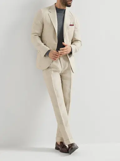Brunello Cucinelli Men's Silk, Linen and Wool Hopsack Pleated Trousers - Sand | Thumbnail 6 Brunello Cucinelli Men's Silk, Linen and Wool Hopsack Pleated Trousers - Sand | Thumbnail 6