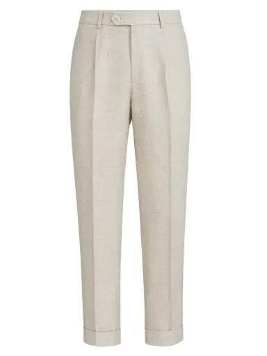 Brunello Cucinelli Men's Silk, Linen and Wool Hopsack Pleated Trousers - Sand | Thumbnail 1 Brunello Cucinelli Men's Silk, Linen and Wool Hopsack Pleated Trousers - Sand | Thumbnail 1