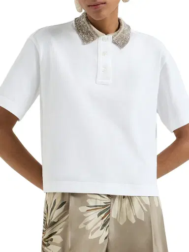 Brunello Cucinelli Women's Cotton Jersey Polo Shirt with Dazzling Knit Collar | Thumbnail 2 Brunello Cucinelli Women's Cotton Jersey Polo Shirt with Dazzling Knit Collar | Thumbnail 2