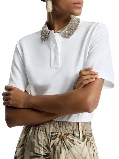 Brunello Cucinelli Women's Cotton Jersey Polo Shirt with Dazzling Knit Collar | Thumbnail 5 Brunello Cucinelli Women's Cotton Jersey Polo Shirt with Dazzling Knit Collar | Thumbnail 5