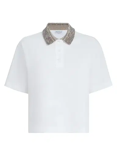 Brunello Cucinelli Women's Cotton Jersey Polo Shirt with Dazzling Knit Collar | Thumbnail 1 Brunello Cucinelli Women's Cotton Jersey Polo Shirt with Dazzling Knit Collar | Thumbnail 1