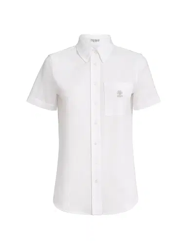 Brunello Cucinelli Women's Stretch Cotton Piqué Short Sleeve Shirt | Thumbnail 1 Brunello Cucinelli Women's Stretch Cotton Piqué Short Sleeve Shirt | Thumbnail 1