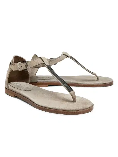 Brunello Cucinelli Women's Beaded Suede T-Strap Sandals - Ice | Thumbnail 2 Brunello Cucinelli Women's Beaded Suede T-Strap Sandals - Ice | Thumbnail 2