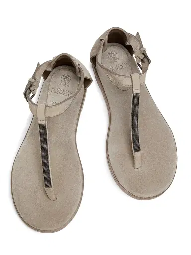 Brunello Cucinelli Women's Beaded Suede T-Strap Sandals - Ice | Thumbnail 4 Brunello Cucinelli Women's Beaded Suede T-Strap Sandals - Ice | Thumbnail 4