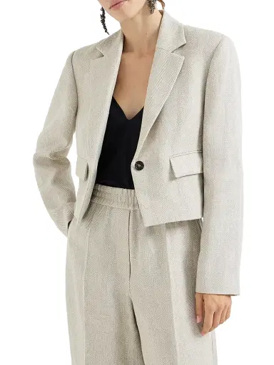 Brunello Cucinelli Women's Linen and Cotton Chevron Cropped Blazer with Monili | Thumbnail 5 Brunello Cucinelli Women's Linen and Cotton Chevron Cropped Blazer with Monili | Thumbnail 5