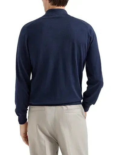 Brunello Cucinelli Men's Cotton Lightweight Knit Polo Shirt - Navy Blue | Thumbnail 3 Brunello Cucinelli Men's Cotton Lightweight Knit Polo Shirt - Navy Blue | Thumbnail 3