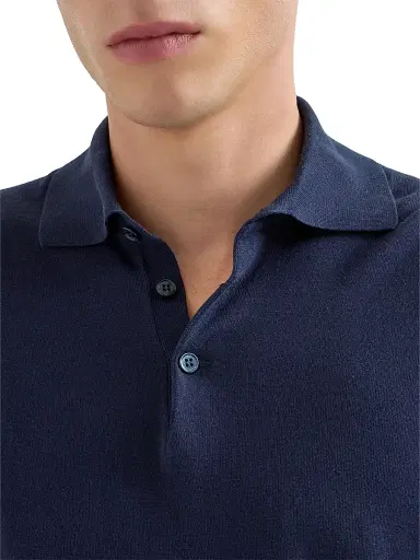 Brunello Cucinelli Men's Cotton Lightweight Knit Polo Shirt - Navy Blue | Thumbnail 4 Brunello Cucinelli Men's Cotton Lightweight Knit Polo Shirt - Navy Blue | Thumbnail 4