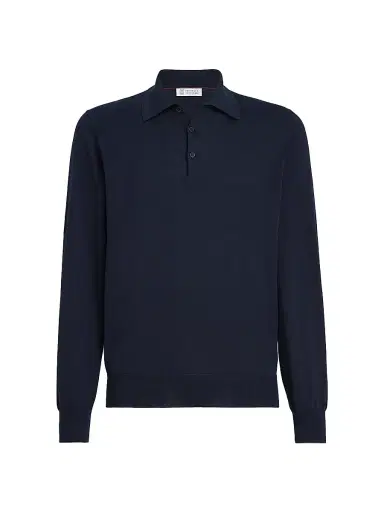 Brunello Cucinelli Men's Cotton Lightweight Knit Polo Shirt - Navy Blue | Thumbnail 1 Brunello Cucinelli Men's Cotton Lightweight Knit Polo Shirt - Navy Blue | Thumbnail 1