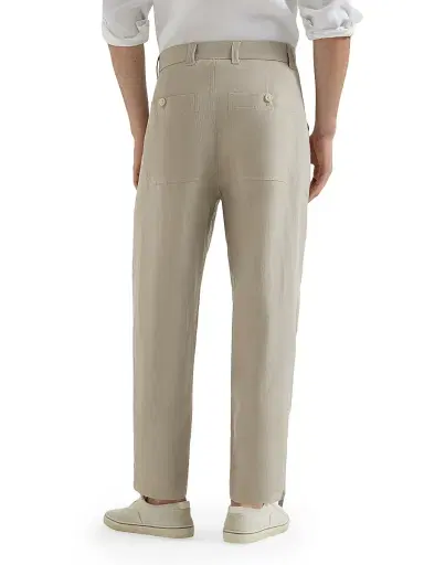 Brunello Cucinelli Men's Linen and Cotton Drill Trousers with Patch Pockets and Drawstring - Cocoa | Thumbnail 3 Brunello Cucinelli Men's Linen and Cotton Drill Trousers with Patch Pockets and Drawstring - Cocoa | Thumbnail 3