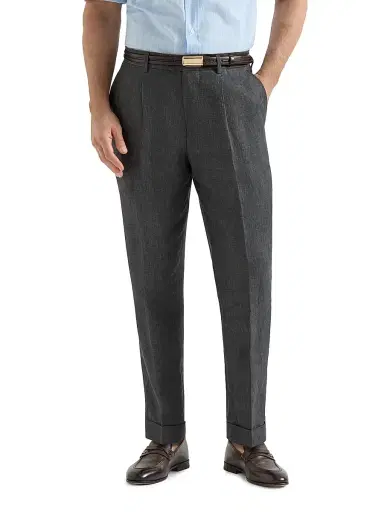 Brunello Cucinelli Men's Délavé Linen Trousers with Pleats - Anthracite | Thumbnail 2 Brunello Cucinelli Men's Délavé Linen Trousers with Pleats - Anthracite | Thumbnail 2