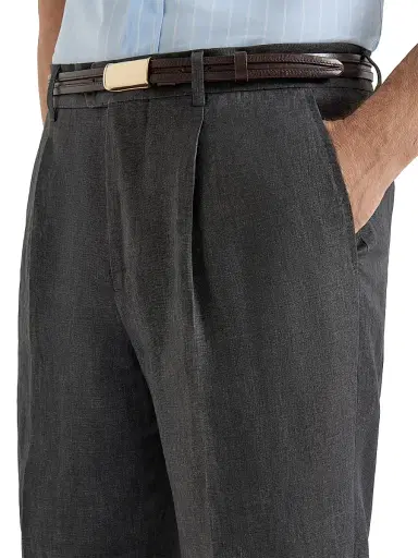 Brunello Cucinelli Men's Délavé Linen Trousers with Pleats - Anthracite | Thumbnail 4 Brunello Cucinelli Men's Délavé Linen Trousers with Pleats - Anthracite | Thumbnail 4