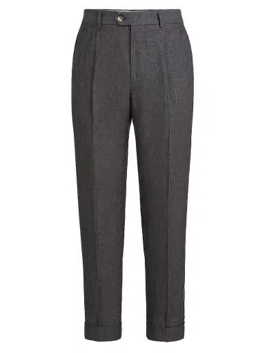 Brunello Cucinelli Men's Délavé Linen Trousers with Pleats - Anthracite | Thumbnail 1 Brunello Cucinelli Men's Délavé Linen Trousers with Pleats - Anthracite | Thumbnail 1
