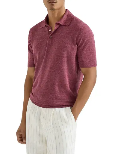 Brunello Cucinelli Men's Linen and Cotton Knit Polo Shirt - Coral | Thumbnail 2 Brunello Cucinelli Men's Linen and Cotton Knit Polo Shirt - Coral | Thumbnail 2
