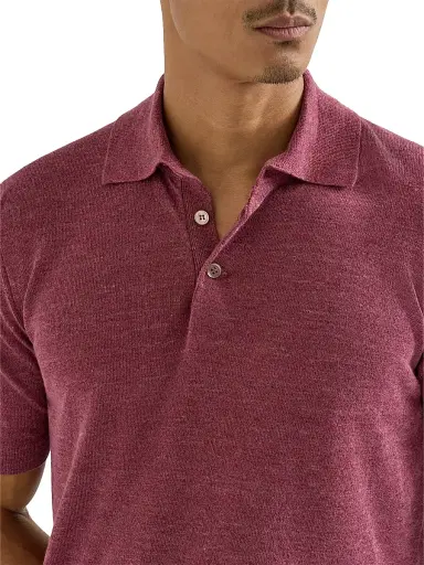 Brunello Cucinelli Men's Linen and Cotton Knit Polo Shirt - Coral | Thumbnail 4 Brunello Cucinelli Men's Linen and Cotton Knit Polo Shirt - Coral | Thumbnail 4