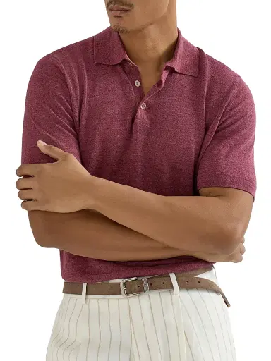 Brunello Cucinelli Men's Linen and Cotton Knit Polo Shirt - Coral | Thumbnail 5 Brunello Cucinelli Men's Linen and Cotton Knit Polo Shirt - Coral | Thumbnail 5