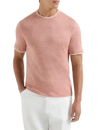 Brunello Cucinelli Men's Linen and Cotton Jersey Crew Neck T-Shirt with Faux Layering - Orange | Thumbnail 2 Brunello Cucinelli Men's Linen and Cotton Jersey Crew Neck T-Shirt with Faux Layering - Orange | Thumbnail 2