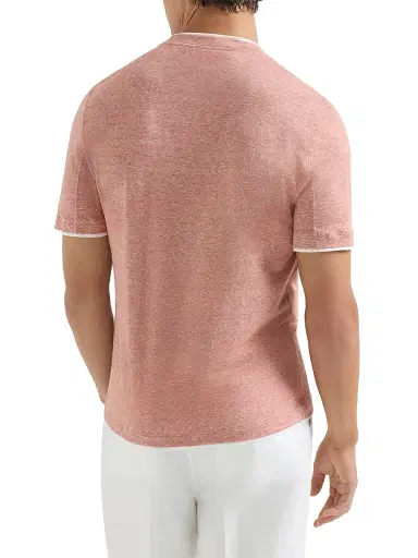 Brunello Cucinelli Men's Linen and Cotton Jersey Crew Neck T-Shirt with Faux Layering - Orange | Thumbnail 3 Brunello Cucinelli Men's Linen and Cotton Jersey Crew Neck T-Shirt with Faux Layering - Orange | Thumbnail 3