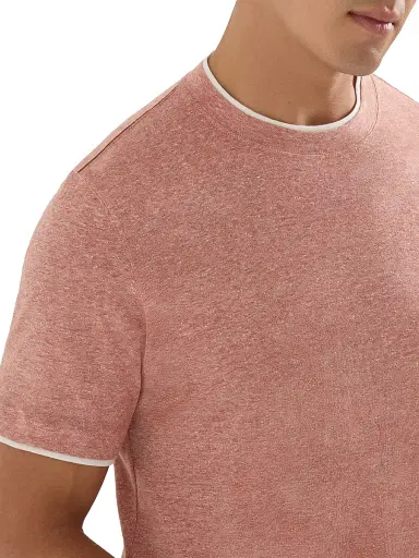 Brunello Cucinelli Men's Linen and Cotton Jersey Crew Neck T-Shirt with Faux Layering - Orange | Thumbnail 4 Brunello Cucinelli Men's Linen and Cotton Jersey Crew Neck T-Shirt with Faux Layering - Orange | Thumbnail 4