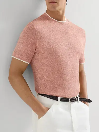 Brunello Cucinelli Men's Linen and Cotton Jersey Crew Neck T-Shirt with Faux Layering - Orange | Thumbnail 5 Brunello Cucinelli Men's Linen and Cotton Jersey Crew Neck T-Shirt with Faux Layering - Orange | Thumbnail 5