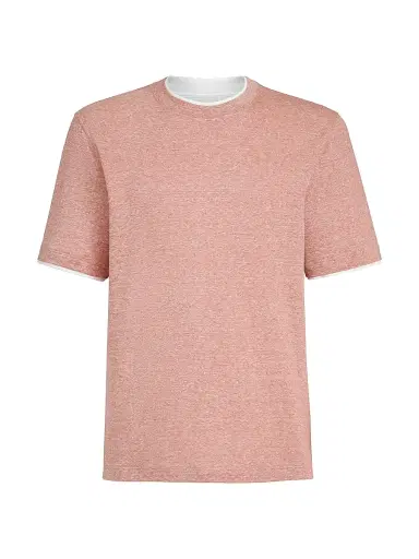 Brunello Cucinelli Men's Linen and Cotton Jersey Crew Neck T-Shirt with Faux Layering - Orange | Thumbnail 1 Brunello Cucinelli Men's Linen and Cotton Jersey Crew Neck T-Shirt with Faux Layering - Orange | Thumbnail 1