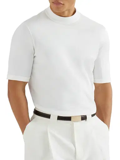 Brunello Cucinelli Men's Cotton Jersey Mock-Neck T-Shirt - Off White | Thumbnail 5 Brunello Cucinelli Men's Cotton Jersey Mock-Neck T-Shirt - Off White | Thumbnail 5