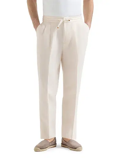 Brunello Cucinelli Men's Linen and Cotton Drill Trousers with Drawstring and Double Pleats | Thumbnail 2 Brunello Cucinelli Men's Linen and Cotton Drill Trousers with Drawstring and Double Pleats | Thumbnail 2