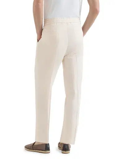 Brunello Cucinelli Men's Linen and Cotton Drill Trousers with Drawstring and Double Pleats | Thumbnail 4 Brunello Cucinelli Men's Linen and Cotton Drill Trousers with Drawstring and Double Pleats | Thumbnail 4