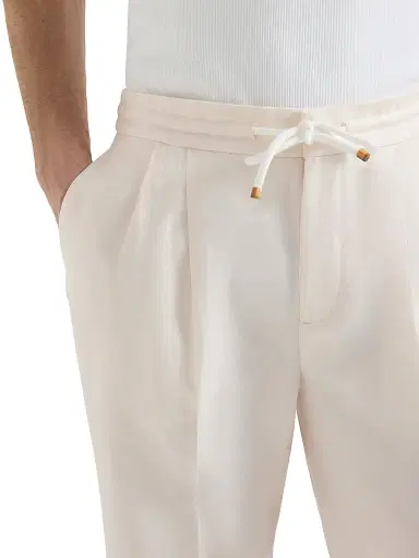 Brunello Cucinelli Men's Linen and Cotton Drill Trousers with Drawstring and Double Pleats | Thumbnail 5 Brunello Cucinelli Men's Linen and Cotton Drill Trousers with Drawstring and Double Pleats | Thumbnail 5